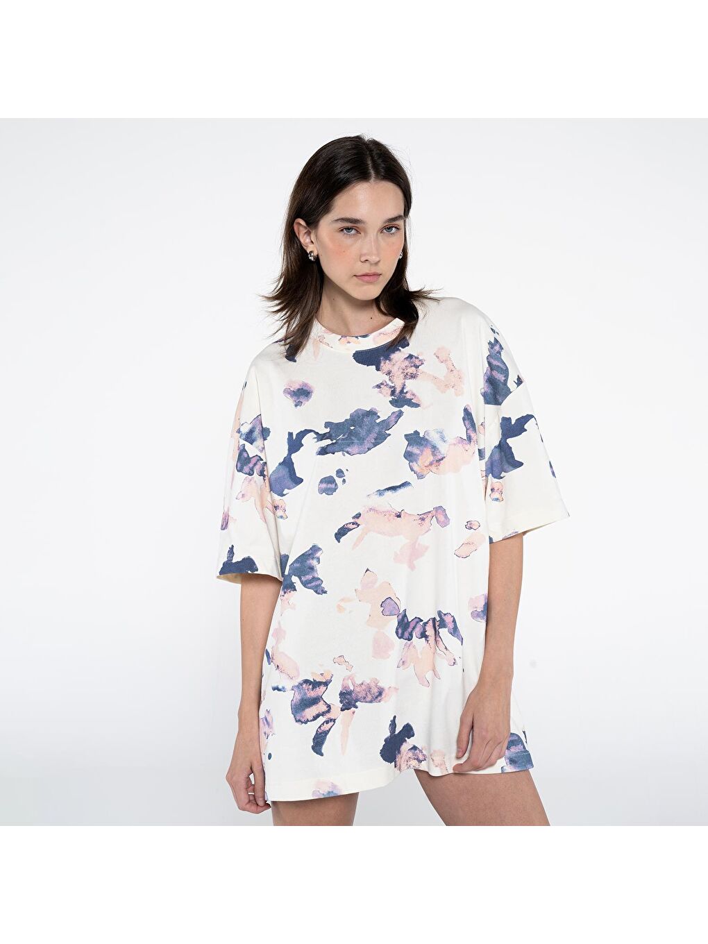 Valentina Kadın Ekru Desenli Oversize Tshirt
