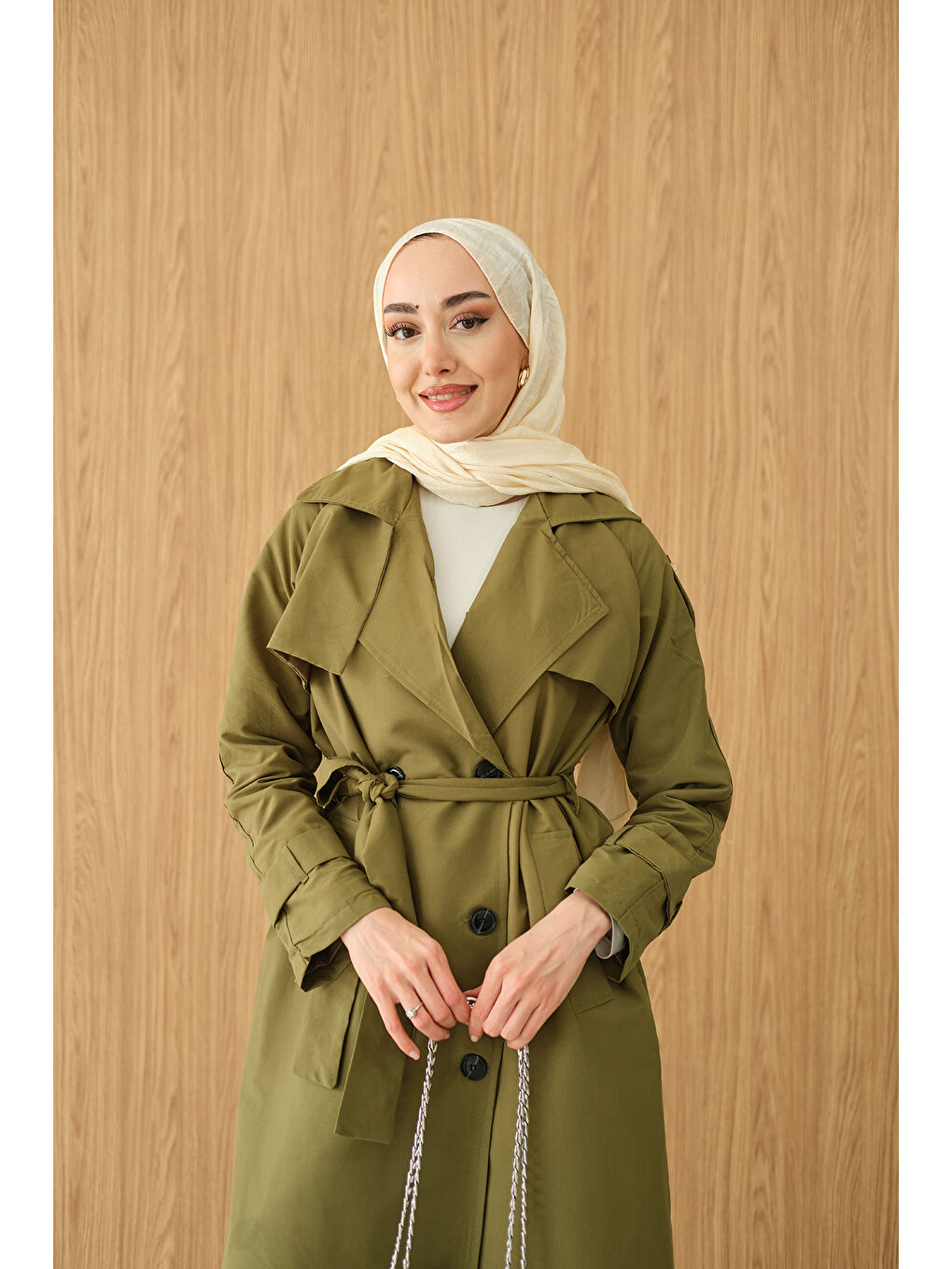 Kadın Omuz Düğme Detay Kruvaze Yaka Midi Boy Trenç Haki Yeşil-2