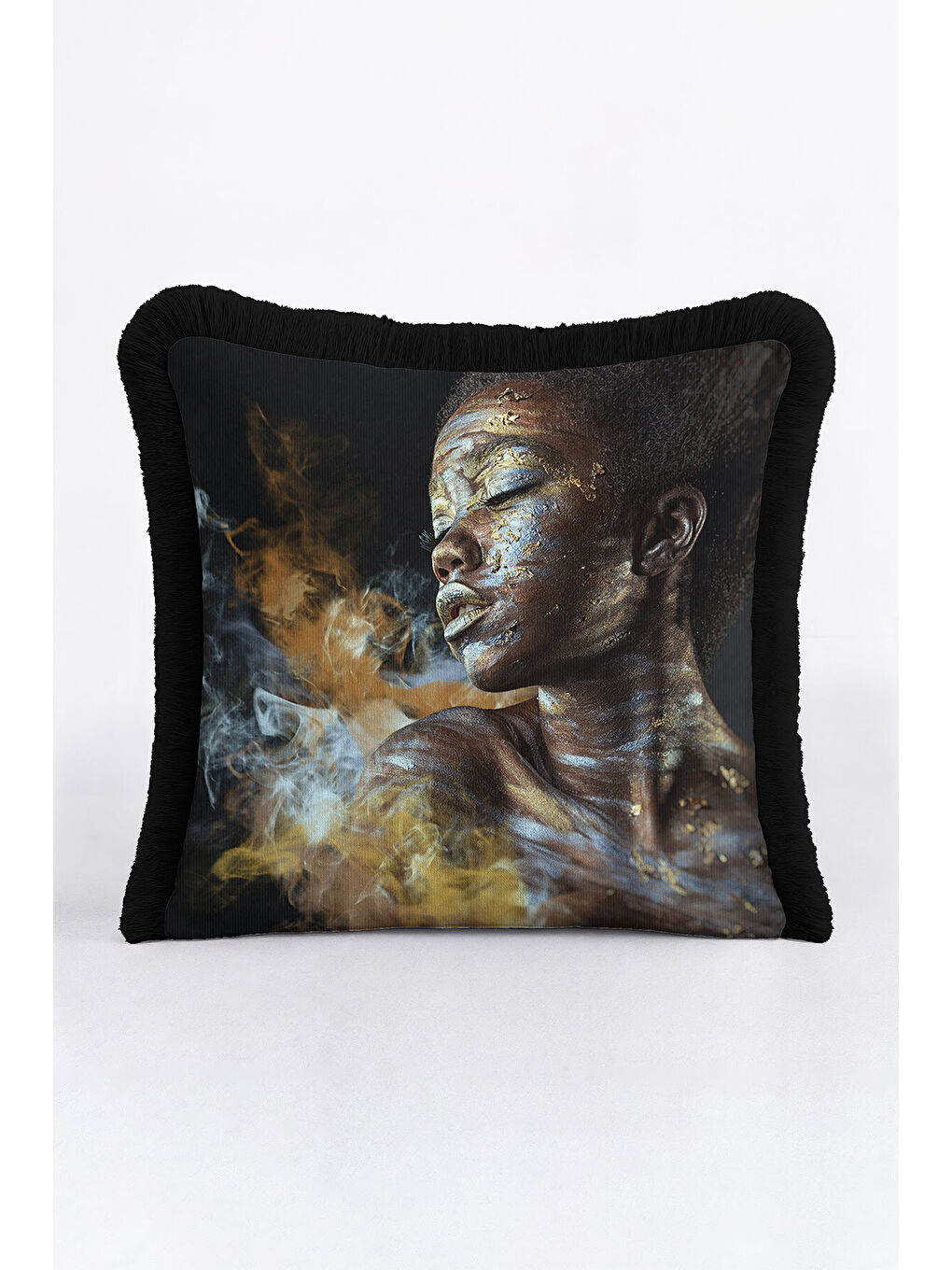 Karışık Sanatsal Yüz Portre Saçaklı Yastık Kılıfı - Afro Art Bohem Altın Renkli Püsküllü Kırlent Kılıfı-4