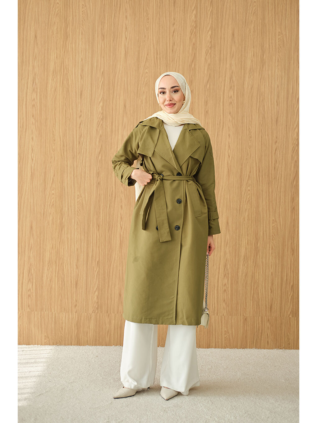 Kadın Omuz Düğme Detay Kruvaze Yaka Midi Boy Trenç Haki Yeşil-3