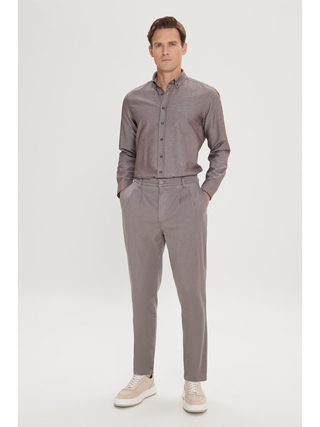 Erkek Gri Pamuklu Slim Fit Dar Kesim Yan Cepli Pileli Casual Pantolon-3