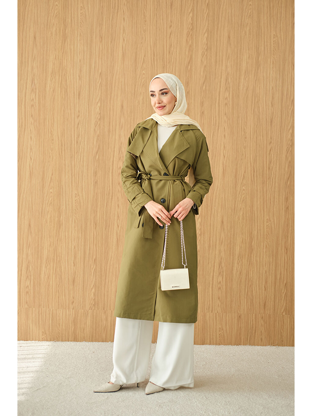 Kadın Omuz Düğme Detay Kruvaze Yaka Midi Boy Trenç Haki Yeşil-4