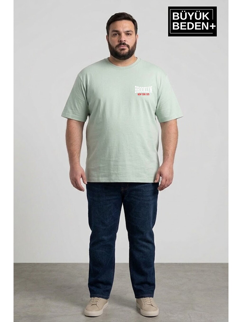 Turkuaz Erkek Büyük Beden Brooklyn 1970 Baskılı 3xl-6xl Bisiklet Yaka Tshırt Spr26bts510-03