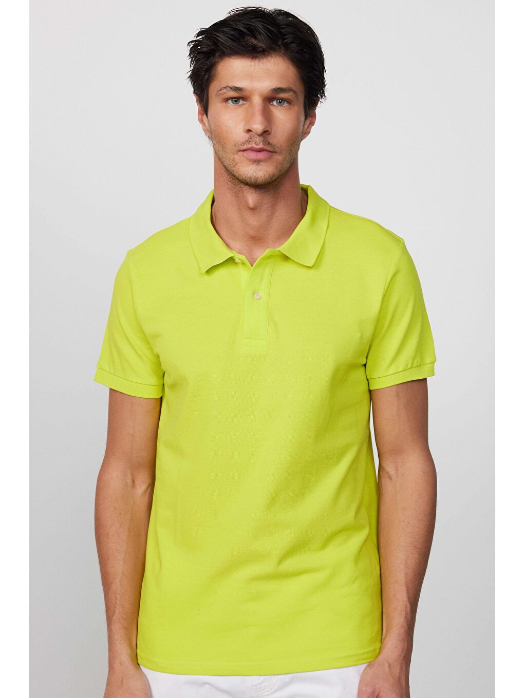 TUDORS Yeşil Erkek Slim Fit Dar Kesim %100 Pamuk Düz Pike Neon Yeşil Polo Yaka Tişört - 1