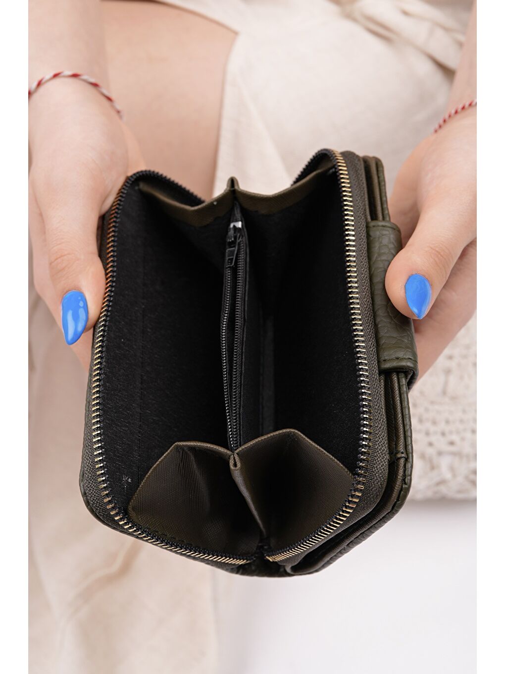 Haki CHEKO Bozuk & Kağıt Para Bölmeli Fermuarlı Kartlık Kadın Cüzdan-5