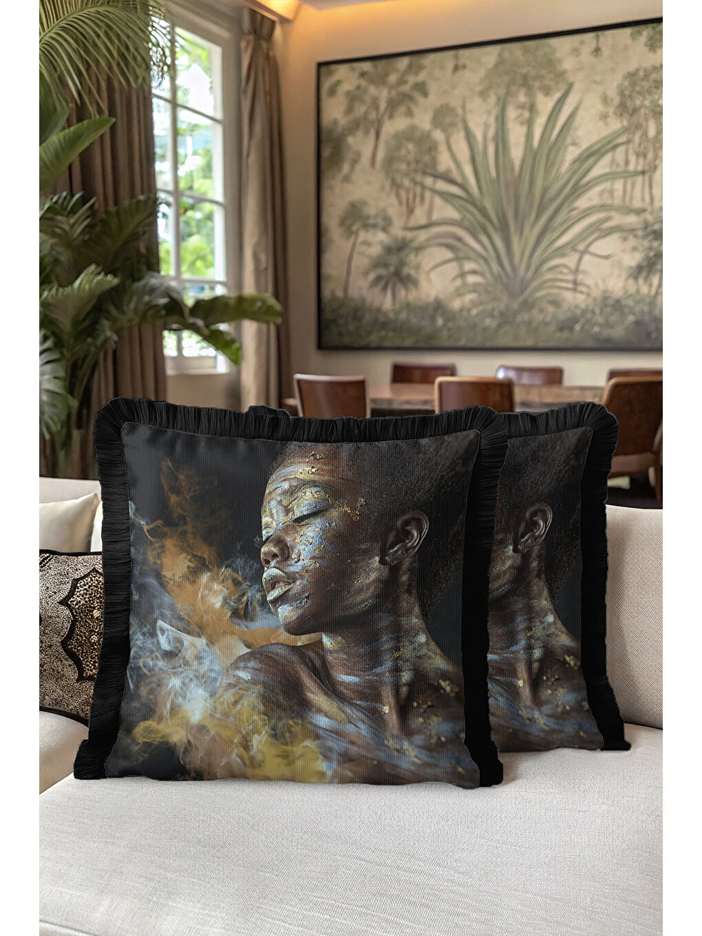 Karışık Sanatsal Yüz Portre Saçaklı Yastık Kılıfı - Afro Art Bohem Altın Renkli Püsküllü Kırlent Kılıfı-5