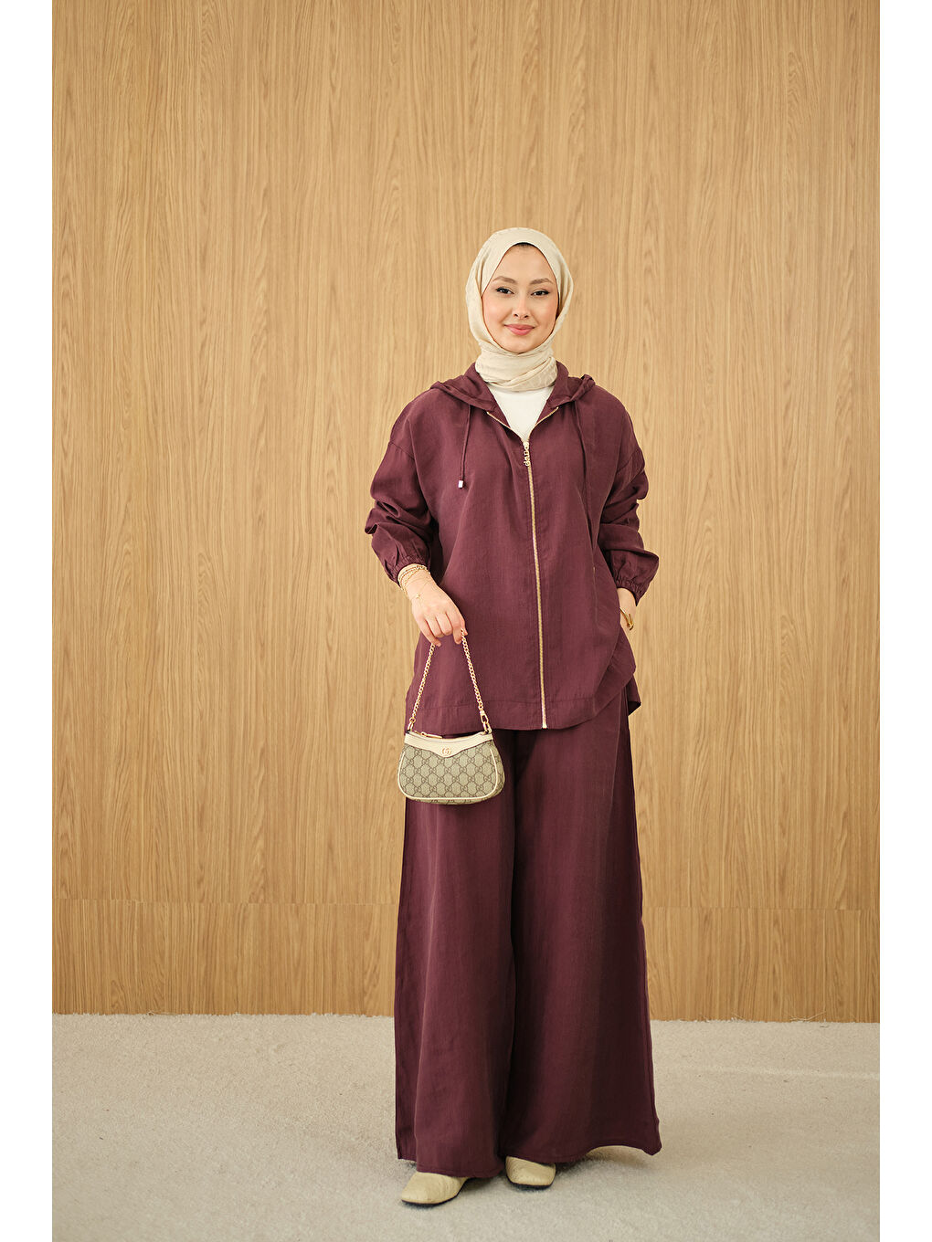 Kadın Bol Paça Fermuarlı Takım Bordo