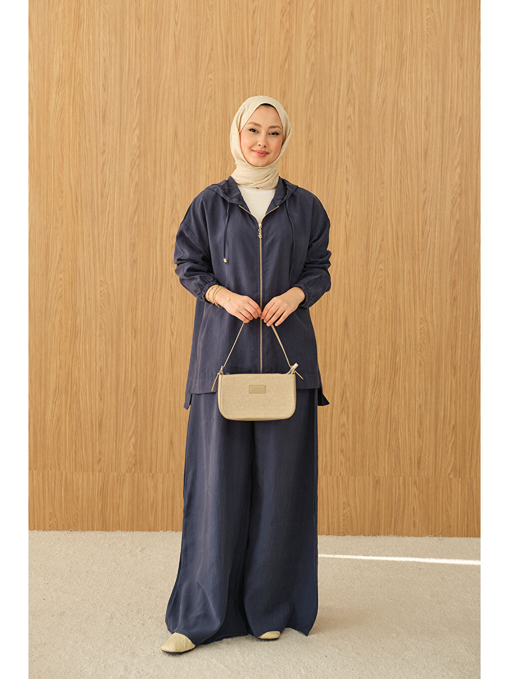 Kadın Bol Paça Fermuarlı Takım Lacivert-1