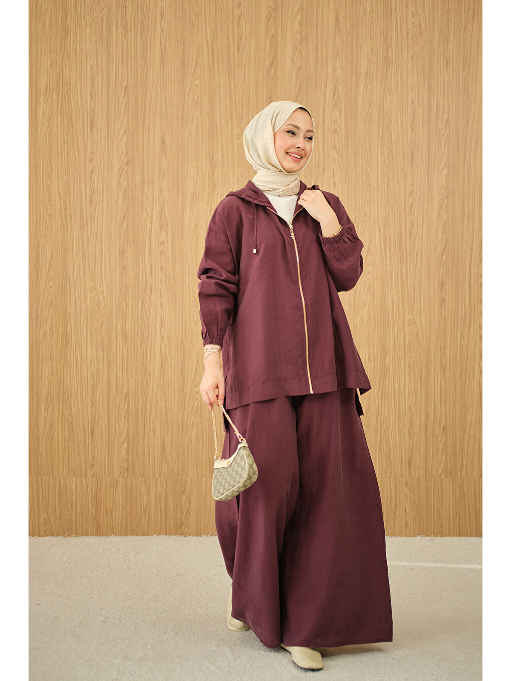 Kadın Bol Paça Fermuarlı Takım Bordo-1