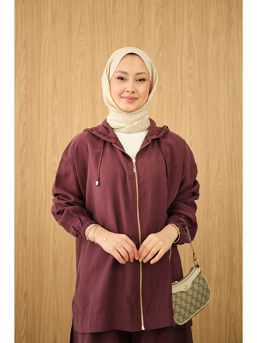 Kadın Bol Paça Fermuarlı Takım Bordo-2