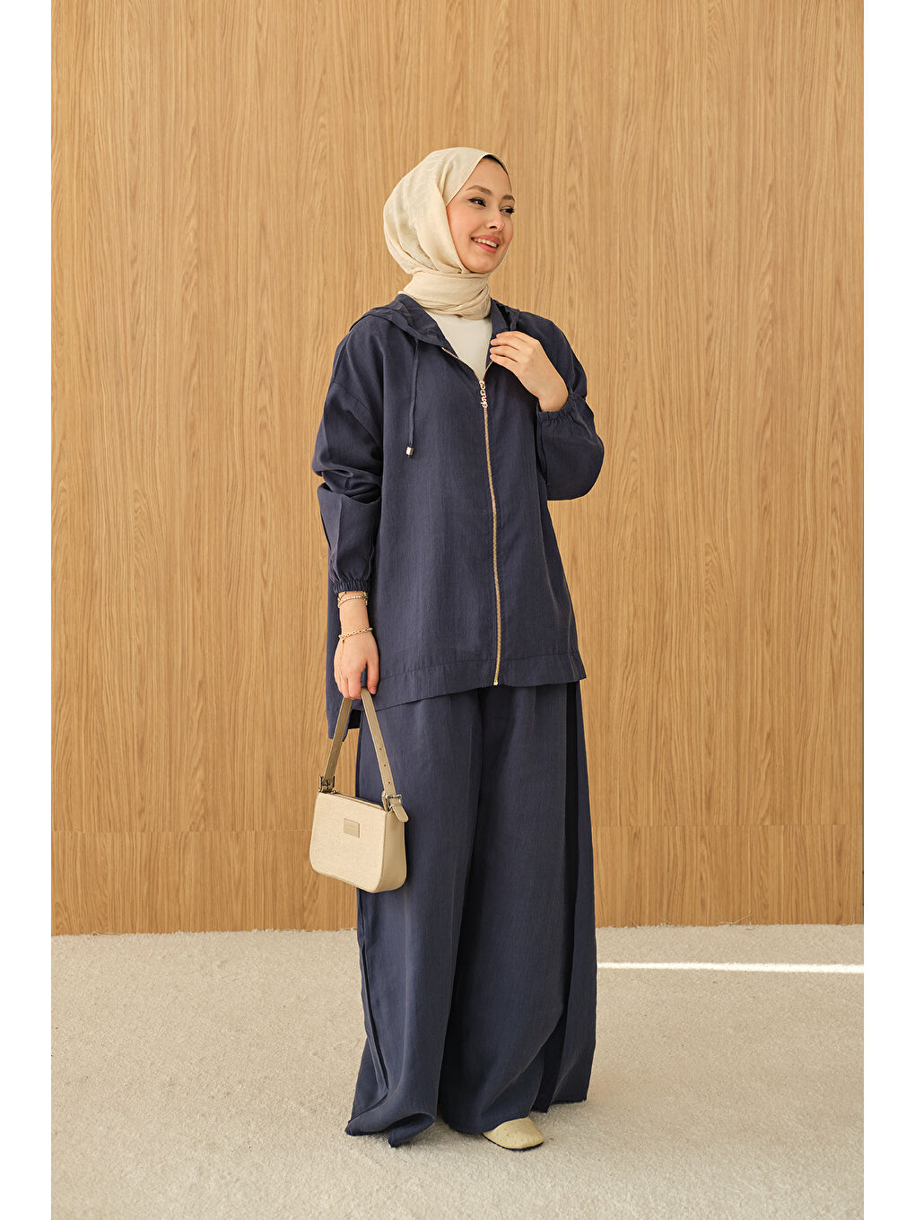 Kadın Bol Paça Fermuarlı Takım Lacivert-3