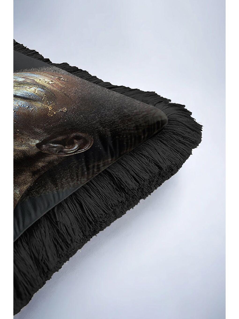 Karışık Sanatsal Yüz Portre Saçaklı Yastık Kılıfı - Afro Art Bohem Altın Renkli Püsküllü Kırlent Kılıfı-6