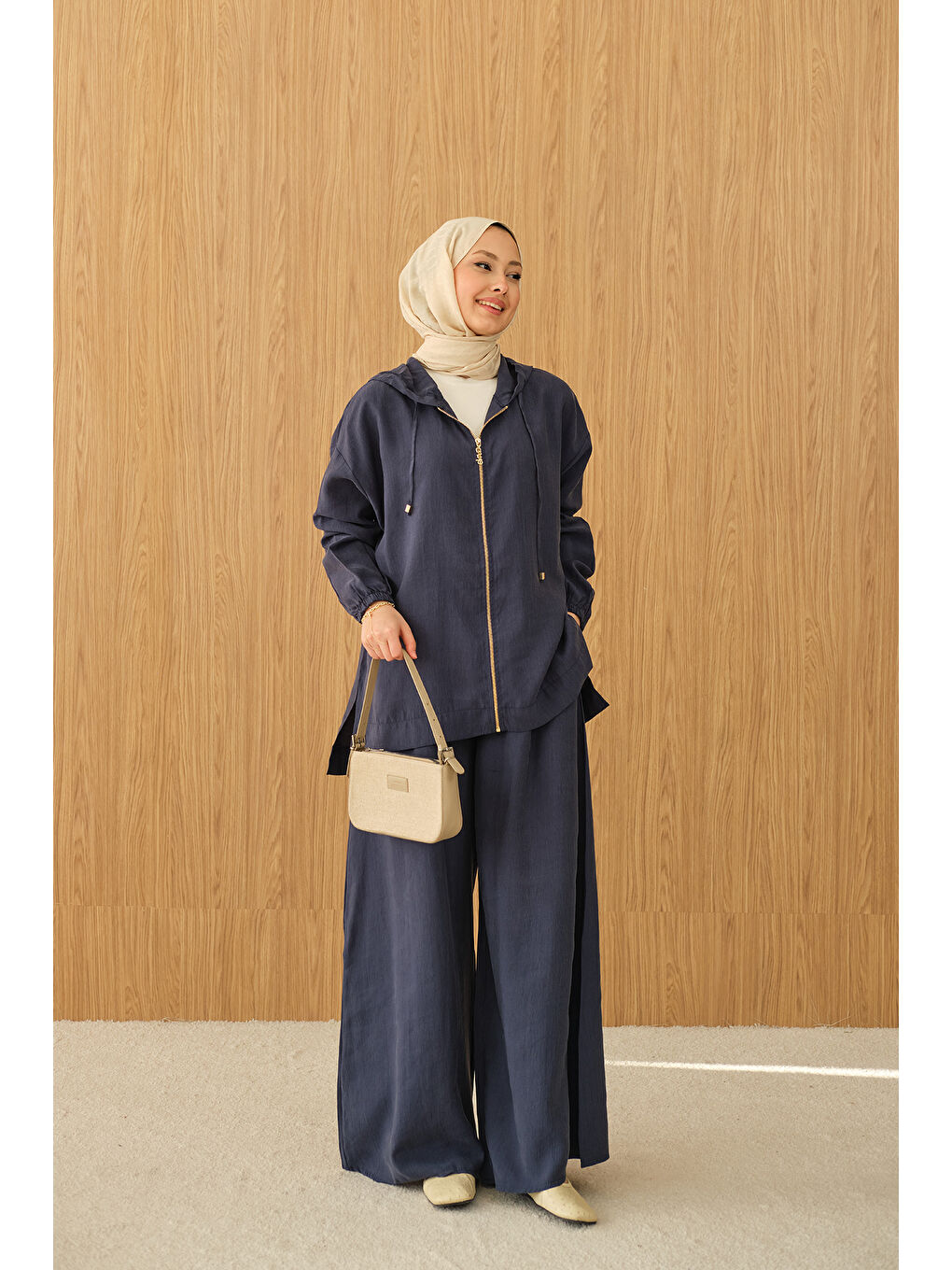 Kadın Bol Paça Fermuarlı Takım Lacivert-4