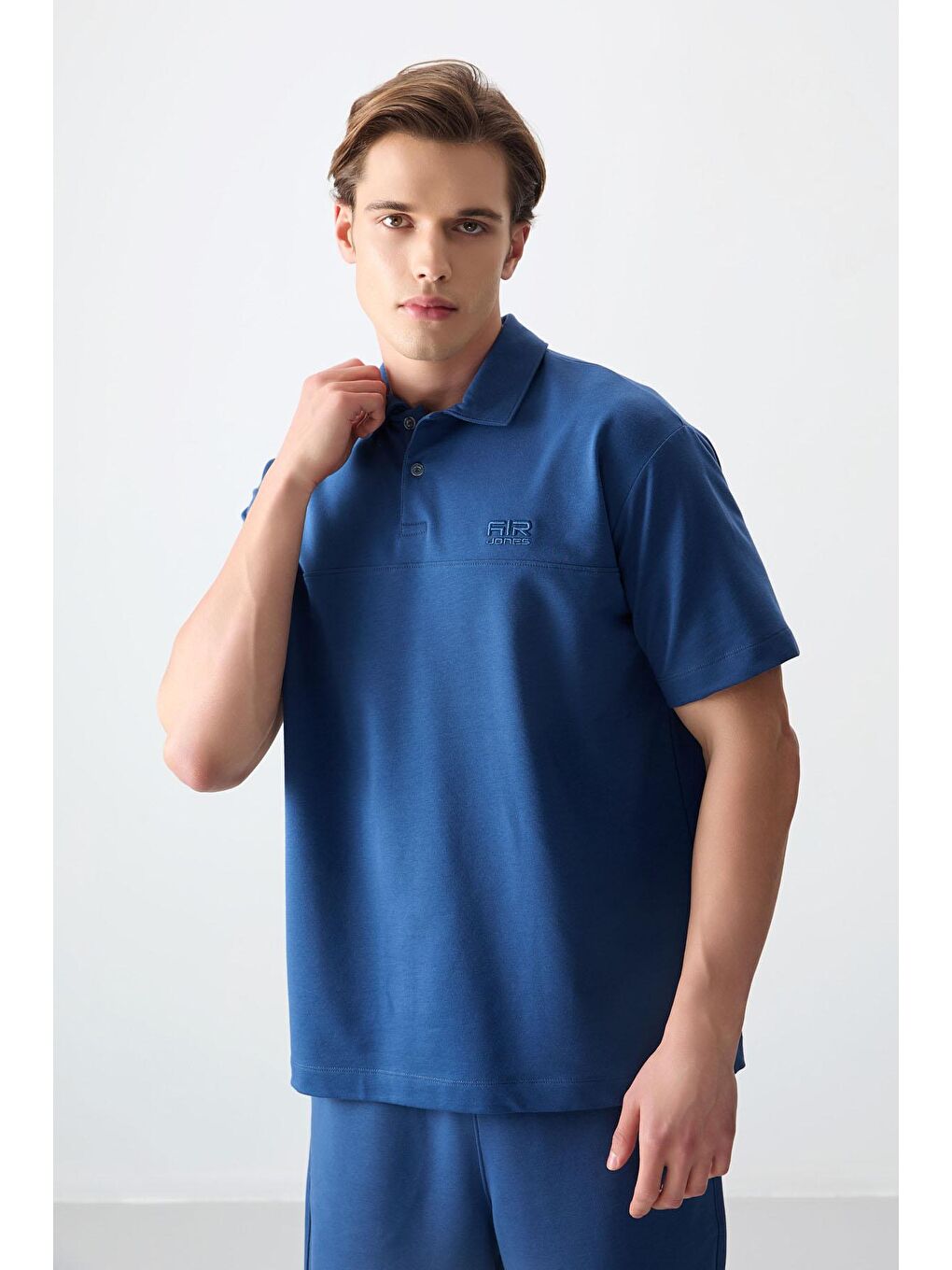 AIR JONES Mavi Pamuklu Kalın Yumuşak Dokulu Polo Yaka Oversize Fit Basic Erkek T- Shirt - 88382