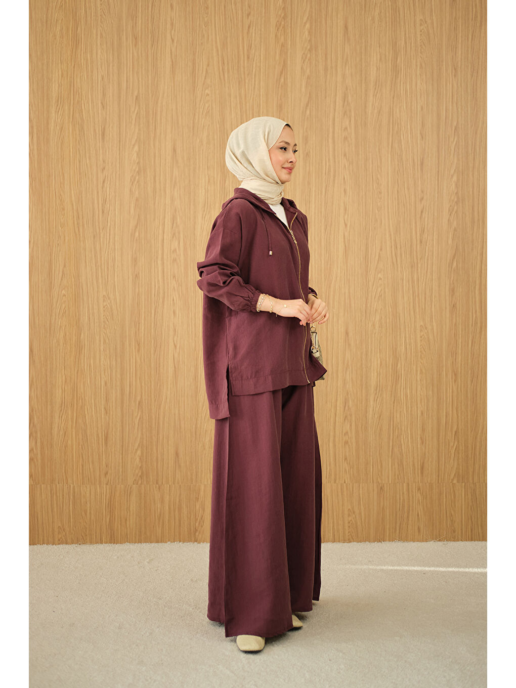 Kadın Bol Paça Fermuarlı Takım Bordo-4