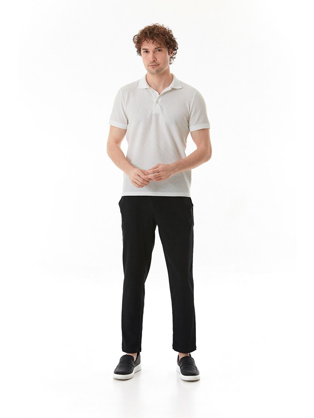 Beyaz Waffle Kumaş Slim Fit Polo Yaka Tişört-2