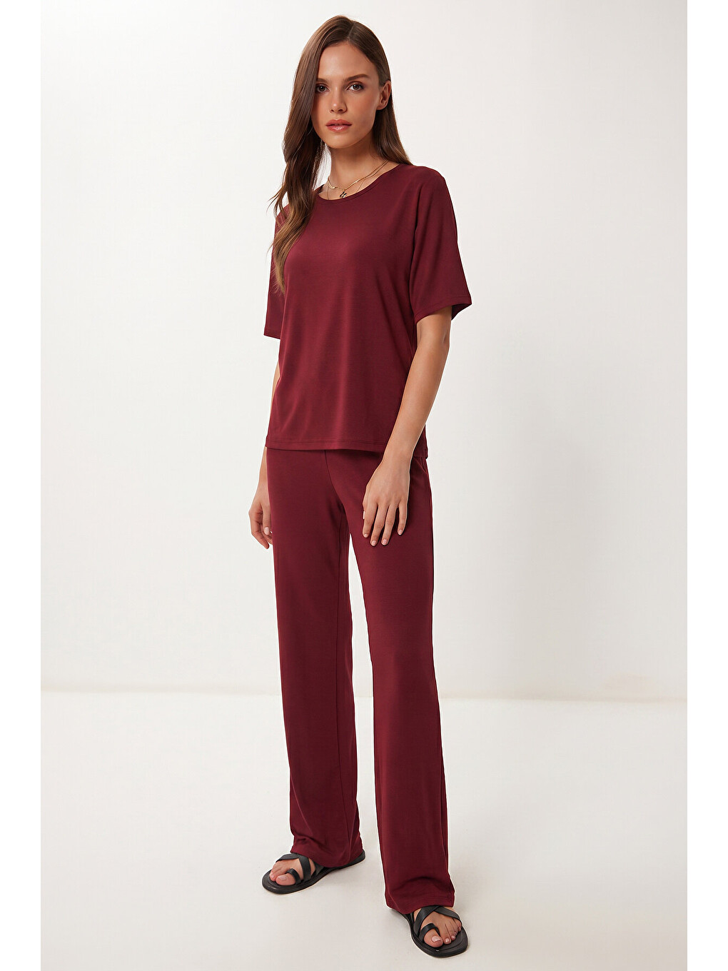 Bordo Kemer Detaylı Modal Alt-Üst Takım BORDO LNT0032-1