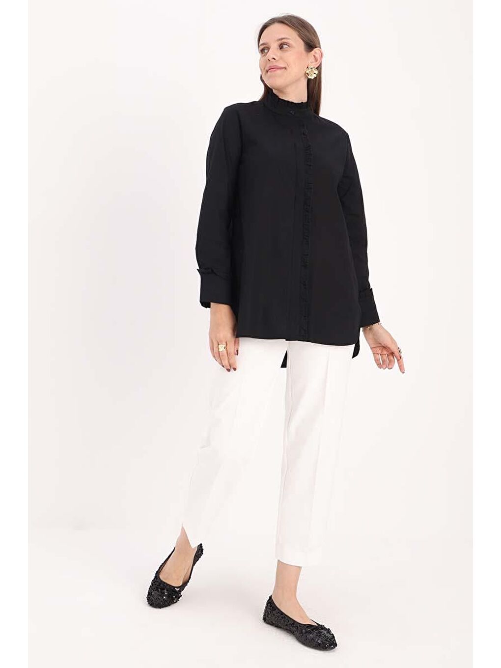 Siyah-Pamuklu Fırfırlı Gömlek Tunik