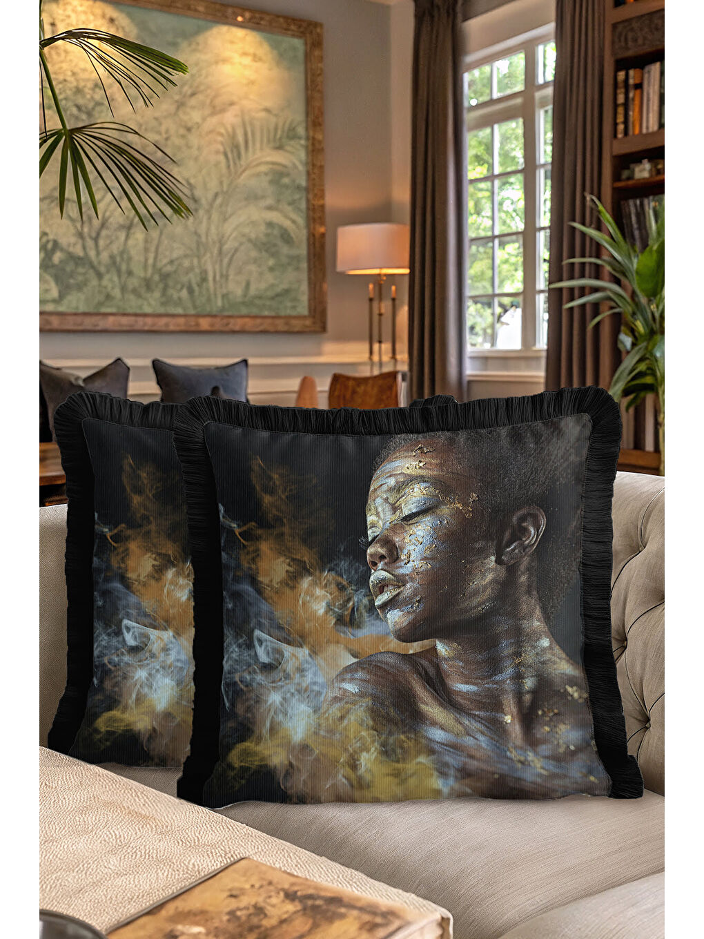 Karışık Sanatsal Yüz Portre Saçaklı Yastık Kılıfı - Afro Art Bohem Altın Renkli Püsküllü Kırlent Kılıfı-7