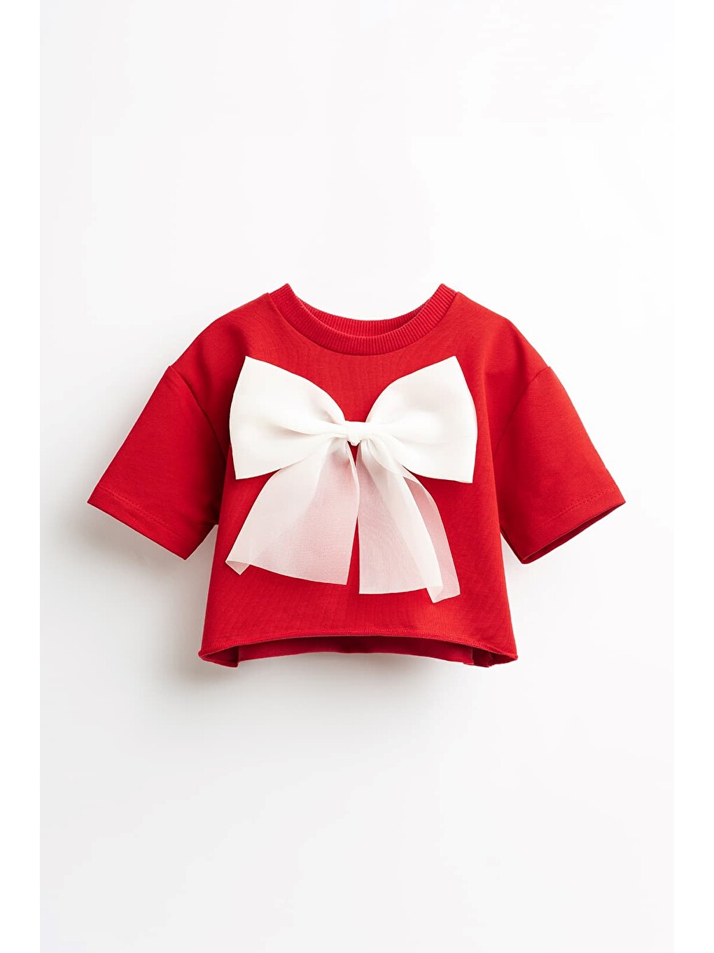 Beyaz Leila Organze Fiyonklu Crop Kısa Kollu Kız Çocuk T-shirt