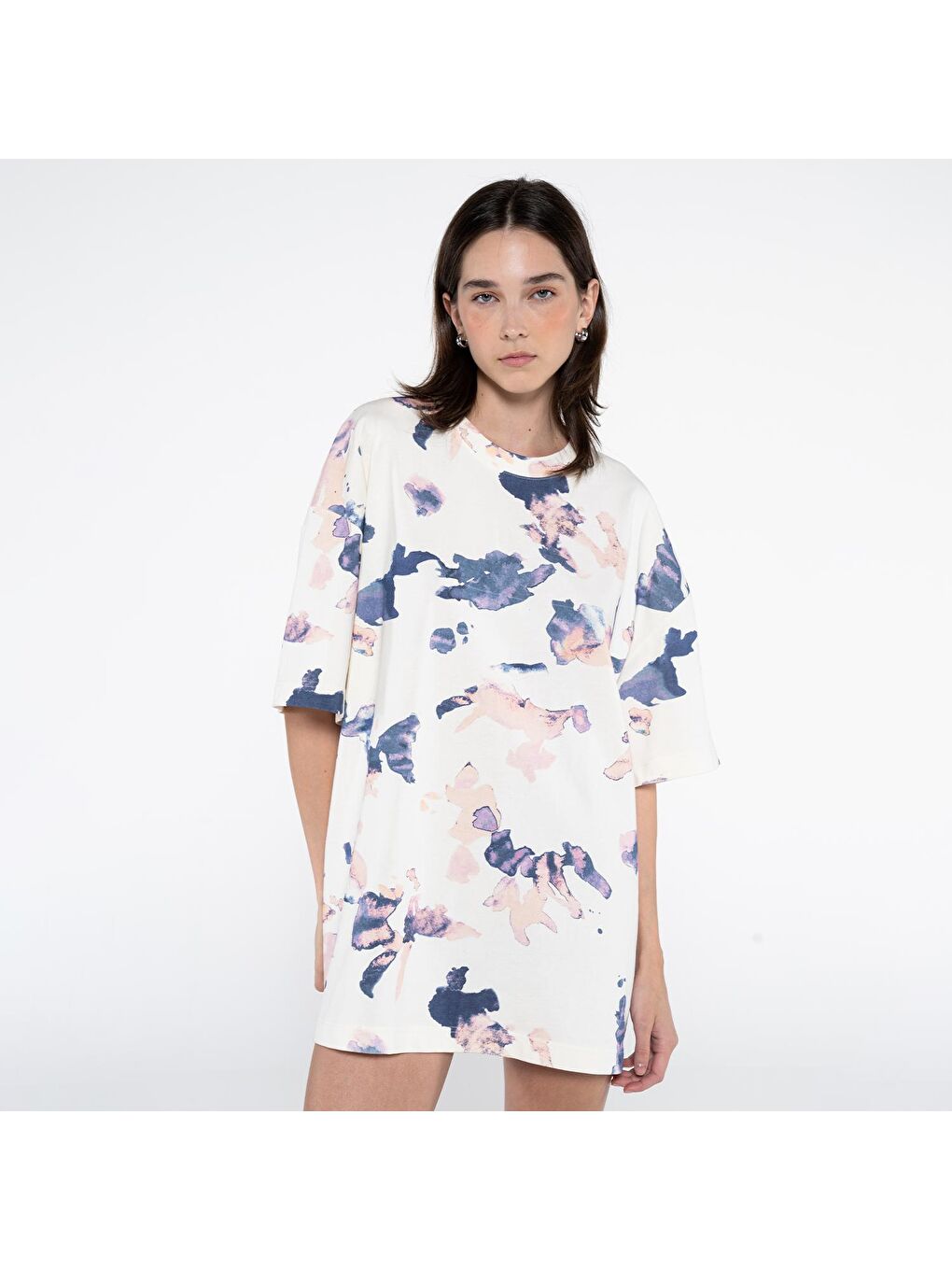 Valentina Kadın Ekru Desenli Oversize Tshirt-3