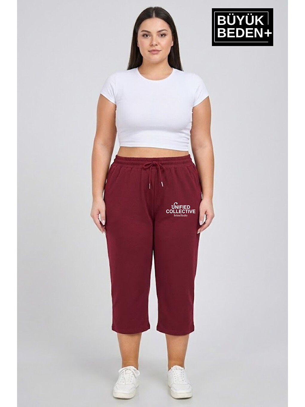 Bordo Kadın Büyük Beden Unified Collective Baskılı Beli Lastikli Bol Paça Kapri Şort 3XL-6XL SPR26BSRK591-