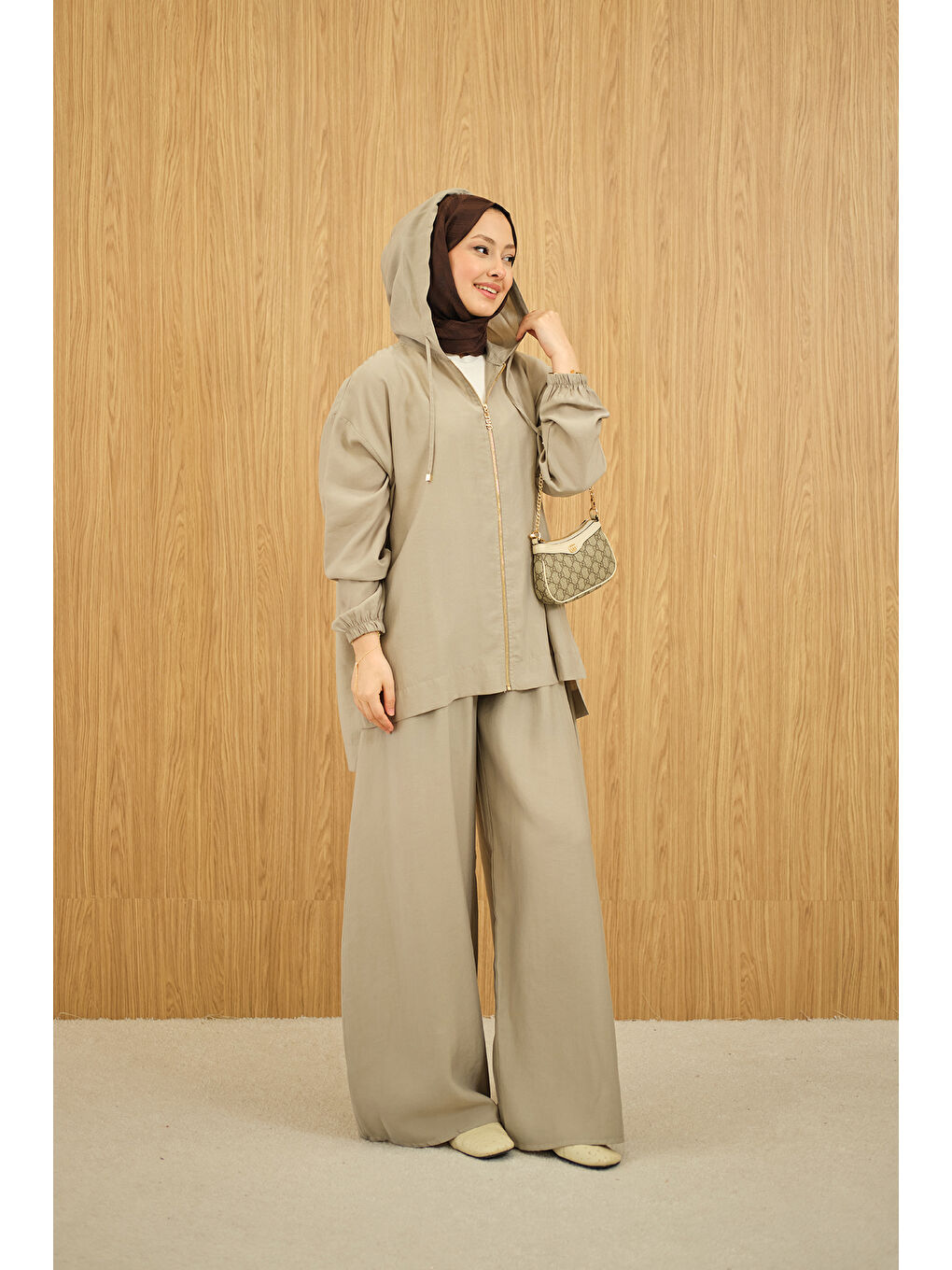 Kadın Bol Paça Fermuarlı Takım Küf Yeşil-3