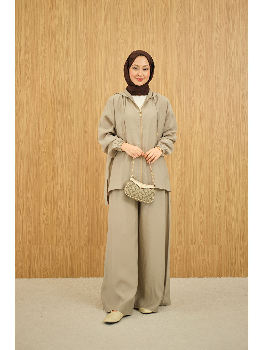 Kadın Bol Paça Fermuarlı Takım Küf Yeşil-4