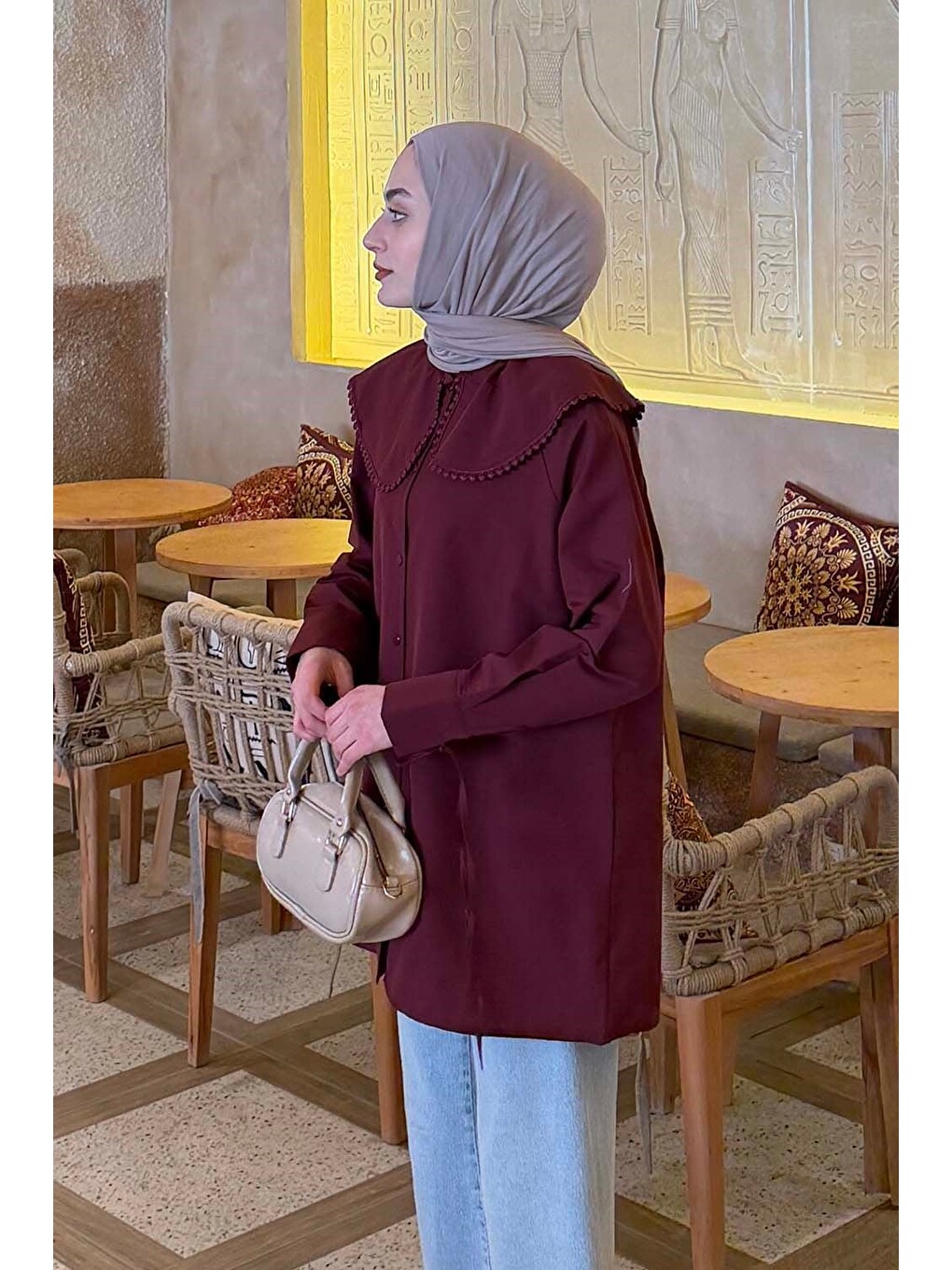 Bebe Yaka Dantel Detaylı Gömlek Bordo-1