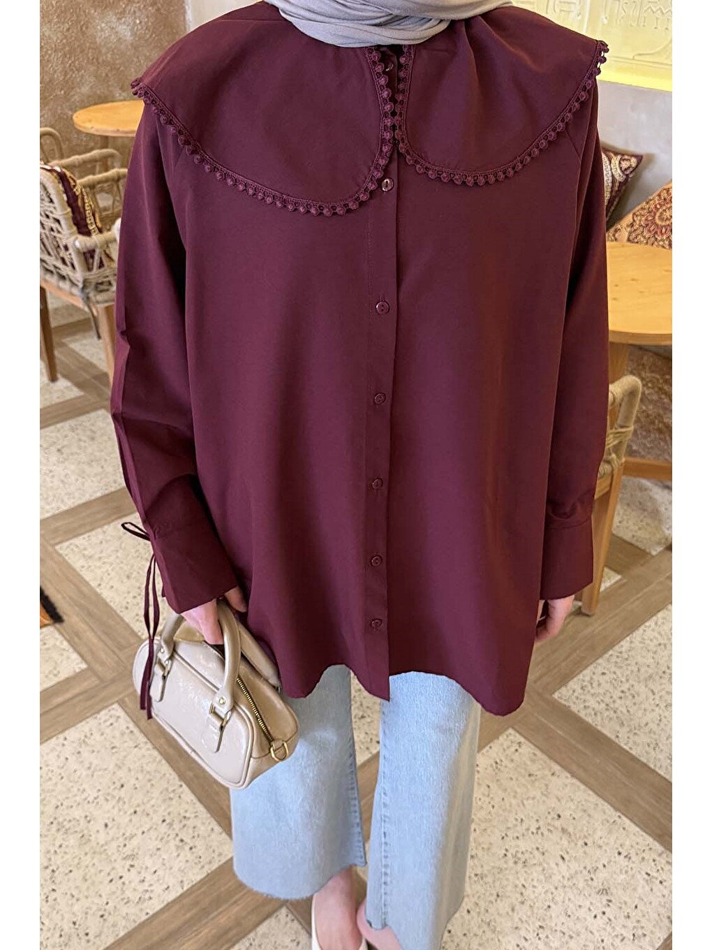 Bebe Yaka Dantel Detaylı Gömlek Bordo-2