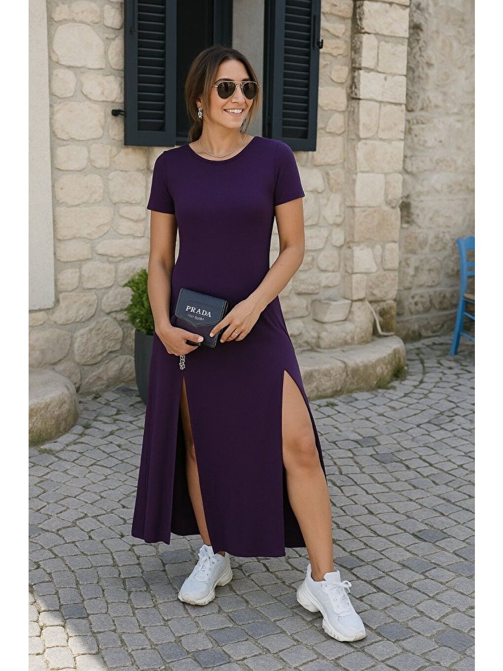 Mor Kadın Kısa Kollu Sırt Dekolteli Yırtmaç Detaylı Viskon Elbise