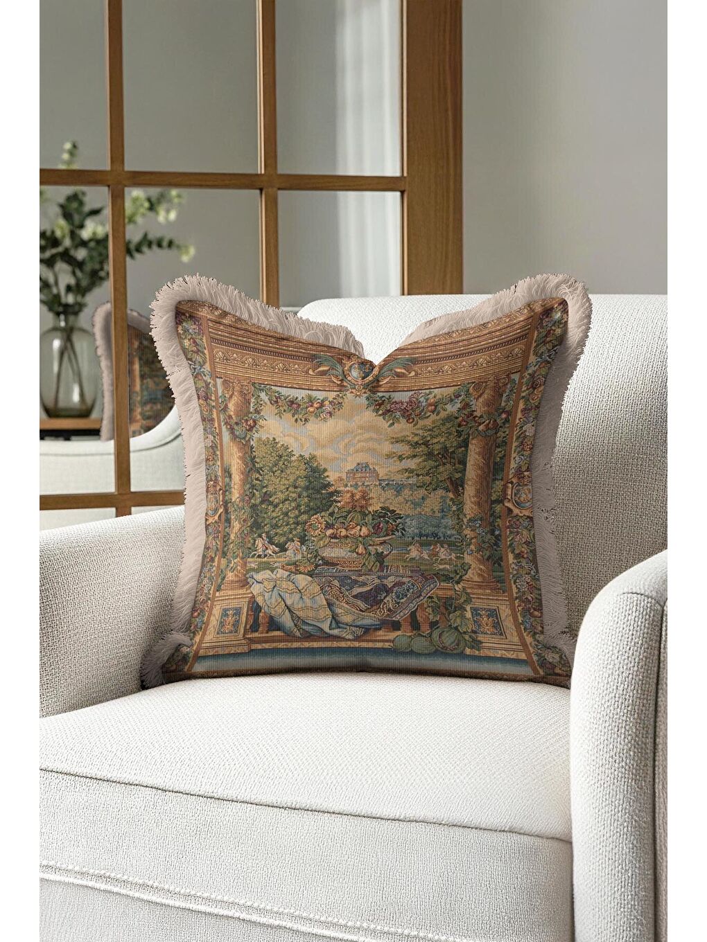 Karışık Avangard Barok Saçaklı Yastık Kılıfı - Şato Bahçe Klasik Nostaljik Altın Renk Püsküllü Kırlent Kılıf