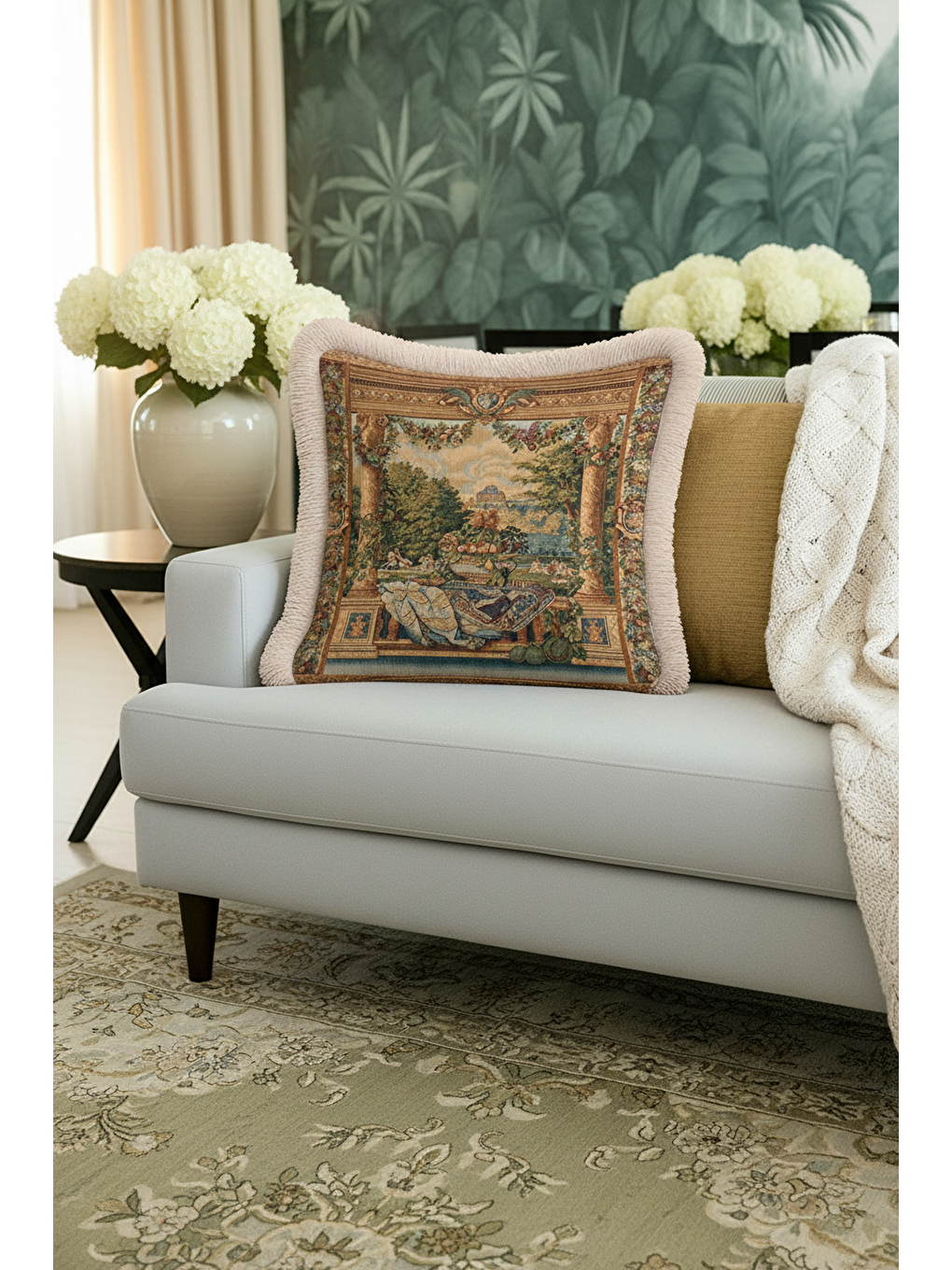 Karışık Avangard Barok Saçaklı Yastık Kılıfı - Şato Bahçe Klasik Nostaljik Altın Renk Püsküllü Kırlent Kılıf-1