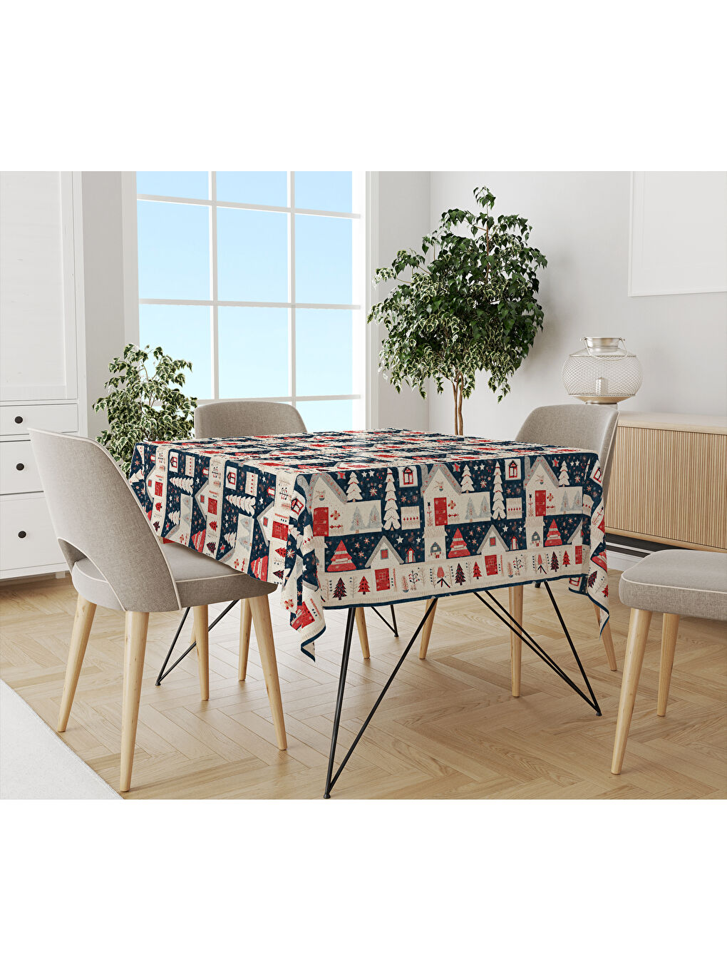 Karışık Yılbaşı Temalı Ev Desenli Dijital Baskılı Masa Örtüsü
