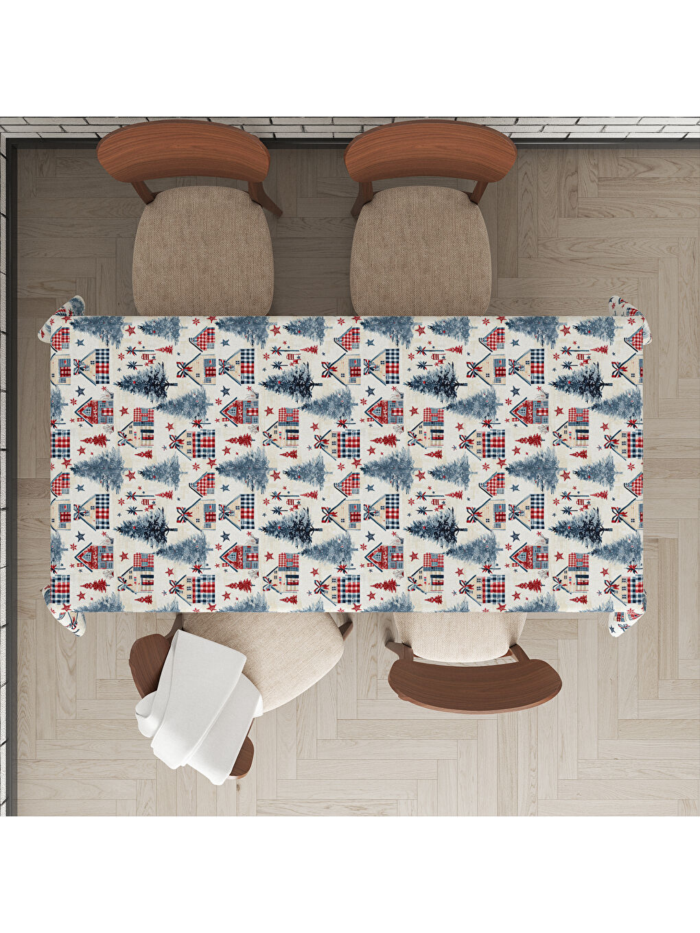 Karışık Yılbaşı Temalı Çam Ağacı Desenli Dijital Baskılı Masa Örtüsü-1