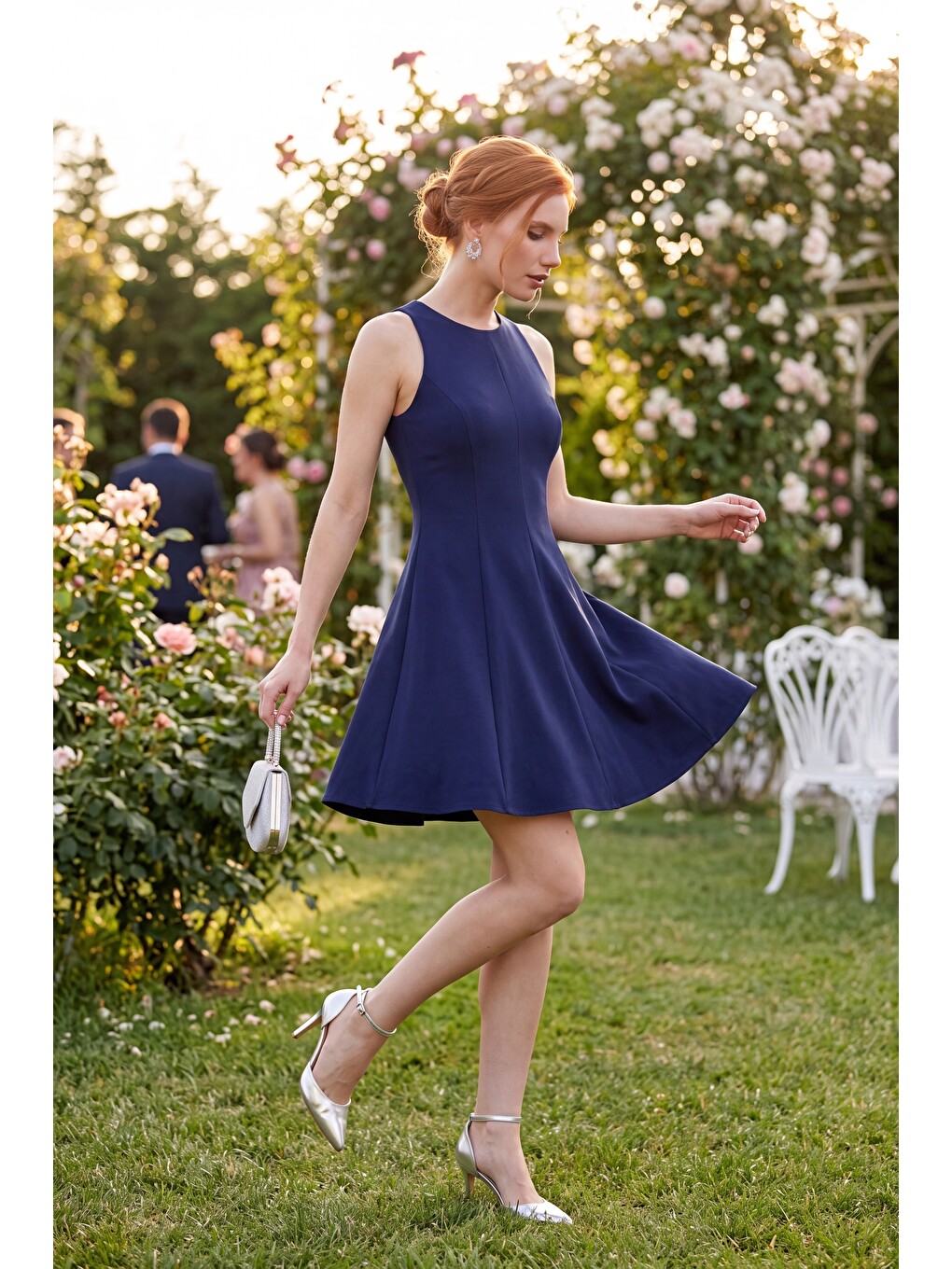 Kadın Lacivert Halter Yaka Mini Mezuniyet Abiye Elbise-3