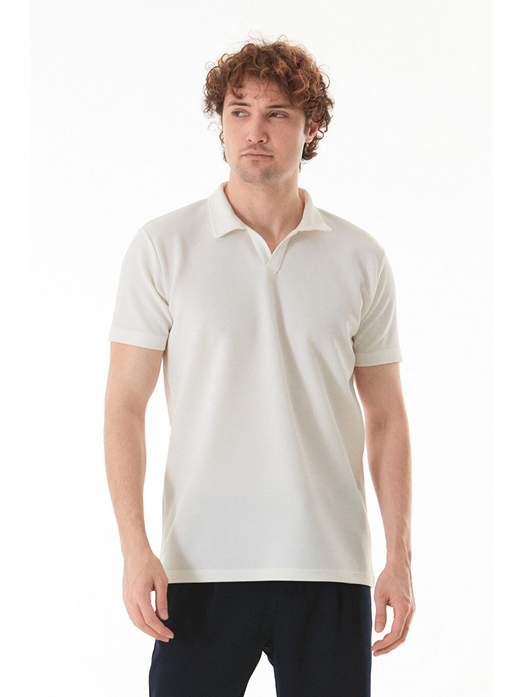 Ekru Waffle Kumaş Polo Yaka Büyük Beden Tişört-1