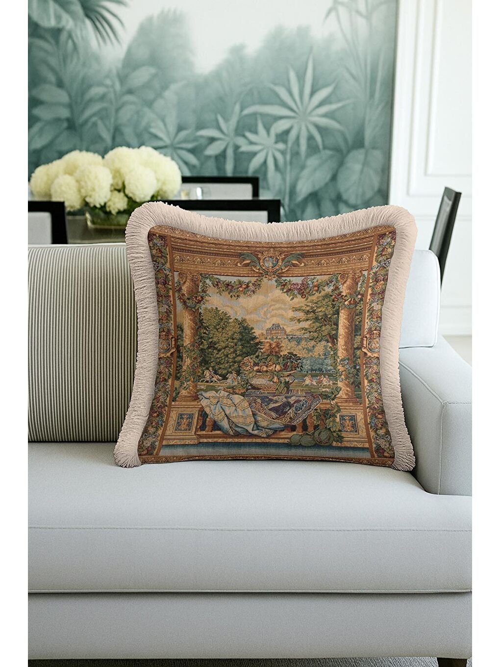 Karışık Avangard Barok Saçaklı Yastık Kılıfı - Şato Bahçe Klasik Nostaljik Altın Renk Püsküllü Kırlent Kılıf-2