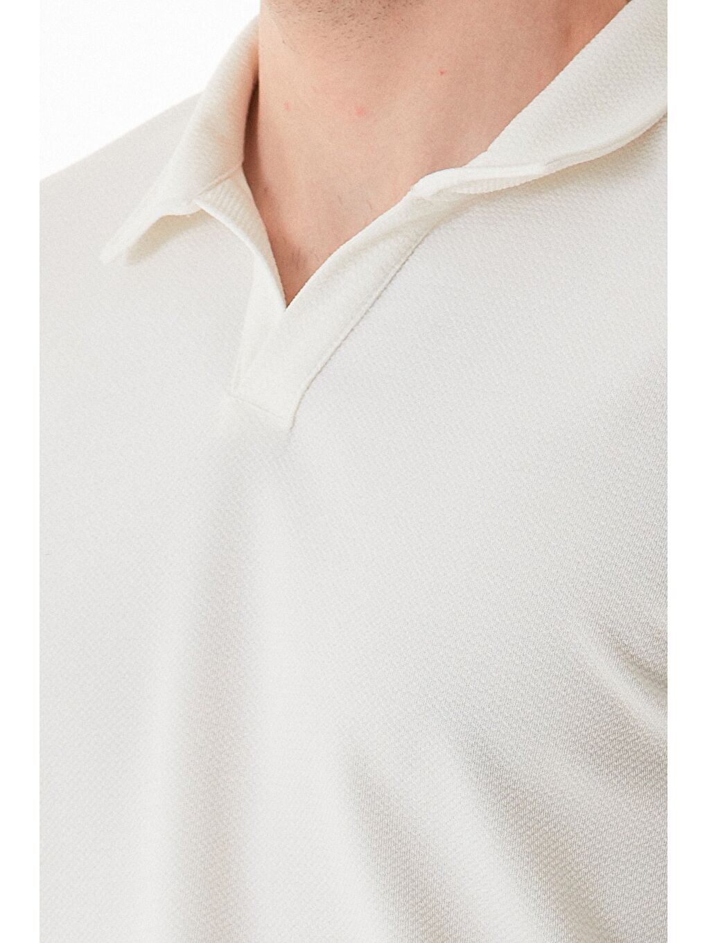 Ekru Waffle Kumaş Polo Yaka Büyük Beden Tişört-4