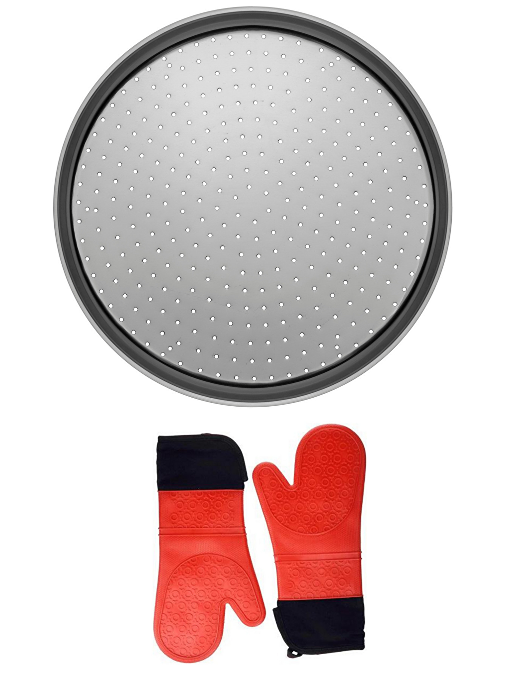 Gri Orta Boy Delikli Pizza Tepsisi Lahmacun Pide Tepsisi 32 Cm Ve Kırmızı Silikon Yanmaz Fırın Eldiveni-4