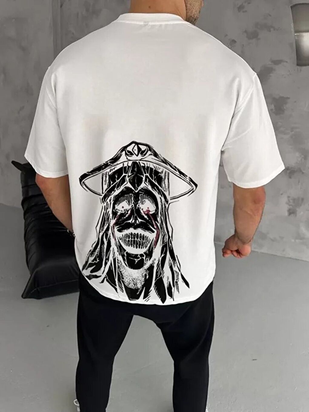 Unisex Bisiklet Yaka Baskılı Oversize T-Shirt - Beyaz-1