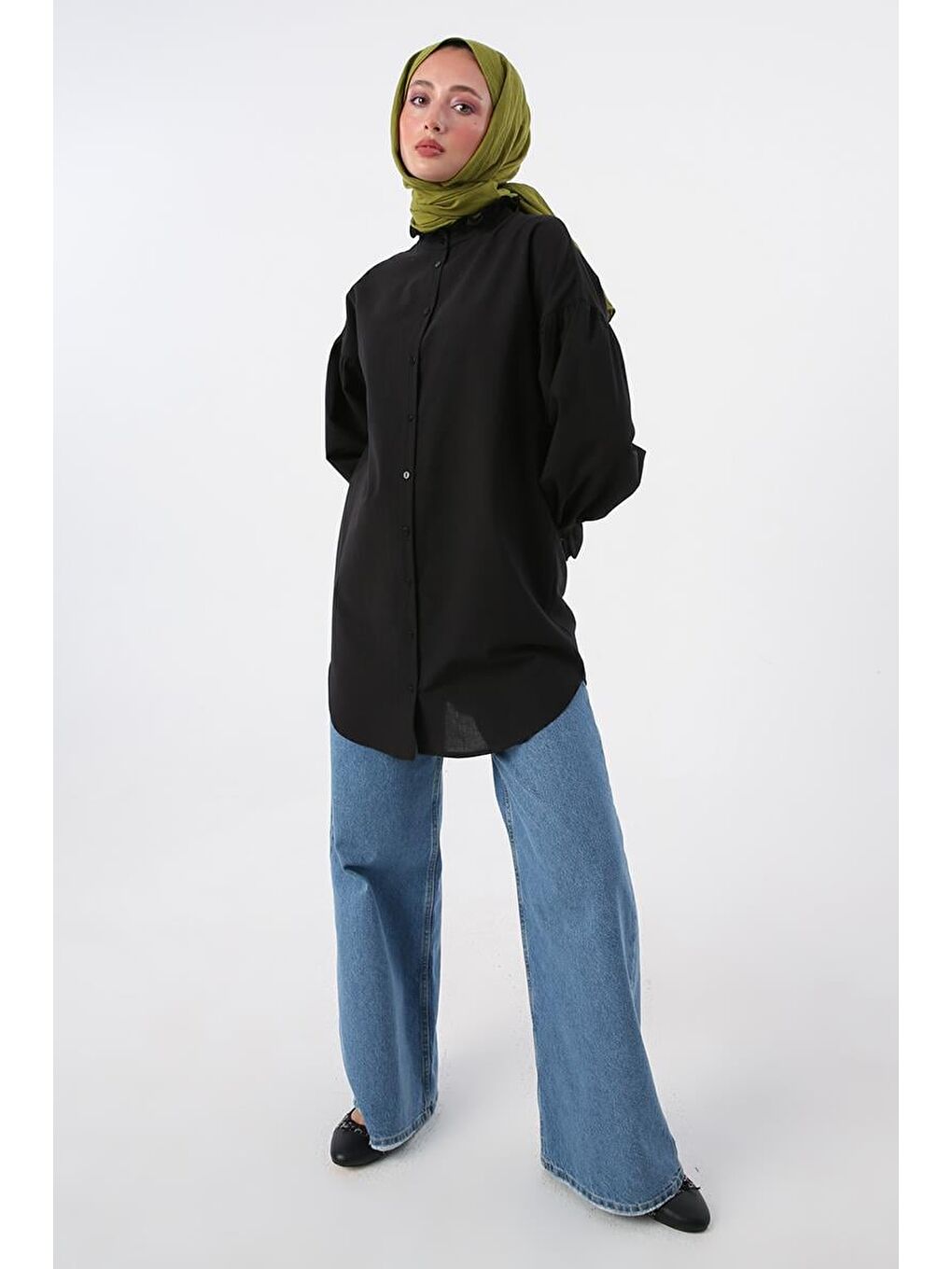 Siyah-%100 Pamuk Yakası Ve Kolları Büzgülü Gömlek Tunik