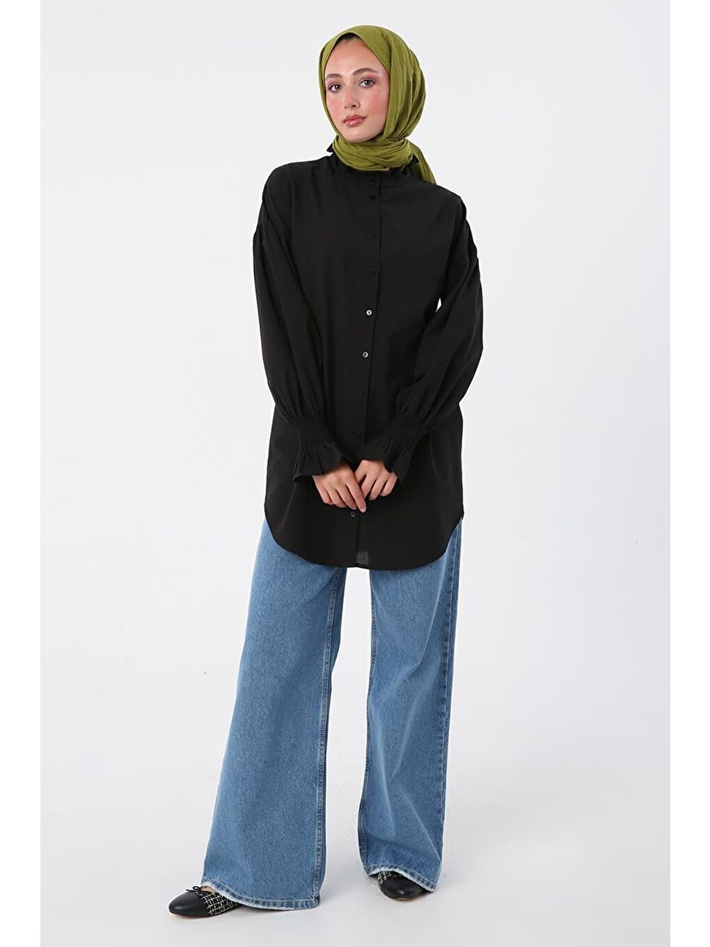 Siyah-%100 Pamuk Yakası Ve Kolları Büzgülü Gömlek Tunik-1