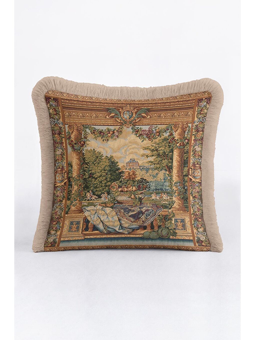 Karışık Avangard Barok Saçaklı Yastık Kılıfı - Şato Bahçe Klasik Nostaljik Altın Renk Püsküllü Kırlent Kılıf-3