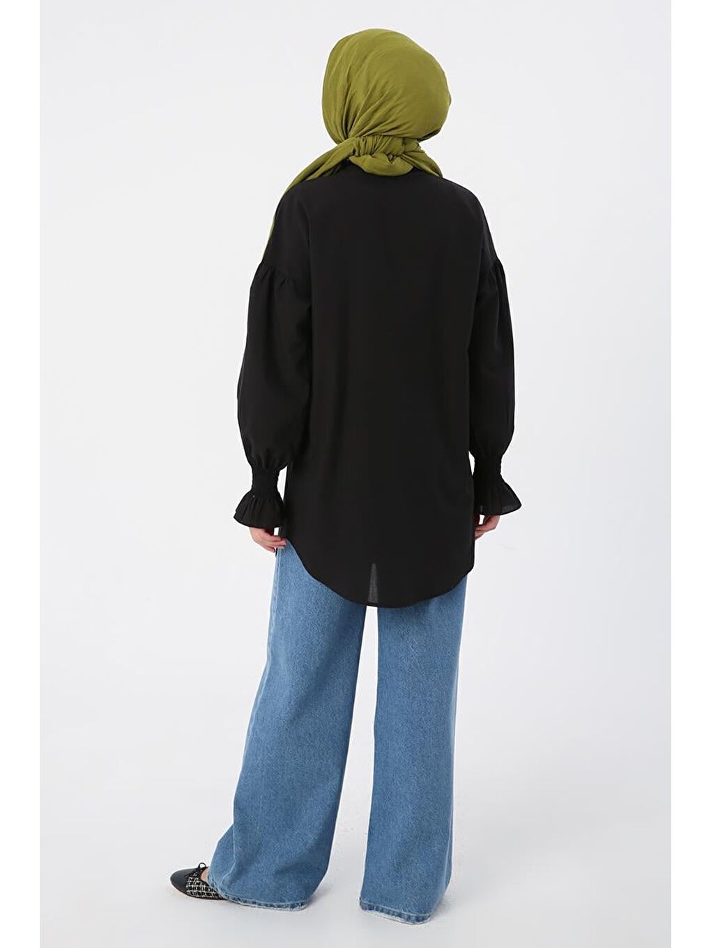 Siyah-%100 Pamuk Yakası Ve Kolları Büzgülü Gömlek Tunik-3