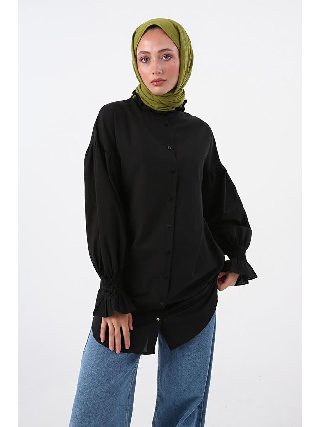 Siyah-%100 Pamuk Yakası Ve Kolları Büzgülü Gömlek Tunik-4