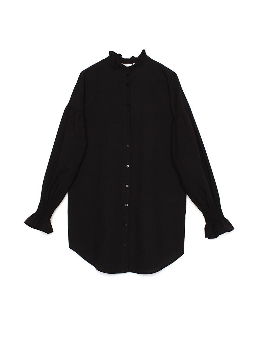 Siyah-%100 Pamuk Yakası Ve Kolları Büzgülü Gömlek Tunik-6