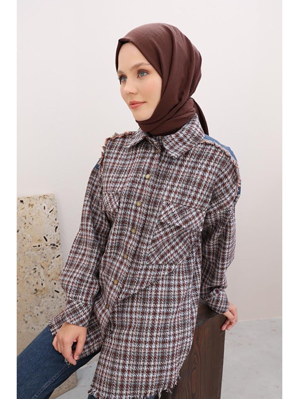 Yeşil Mint-Turuncu-Denim Garnili Tüvit Gömlek Tunik