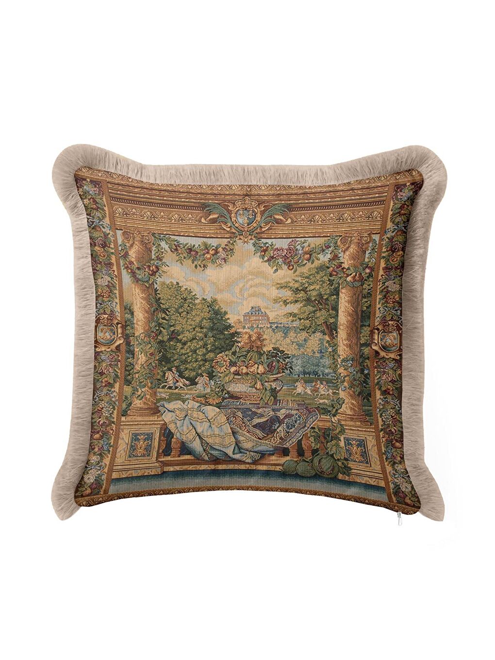 Karışık Avangard Barok Saçaklı Yastık Kılıfı - Şato Bahçe Klasik Nostaljik Altın Renk Püsküllü Kırlent Kılıf-4