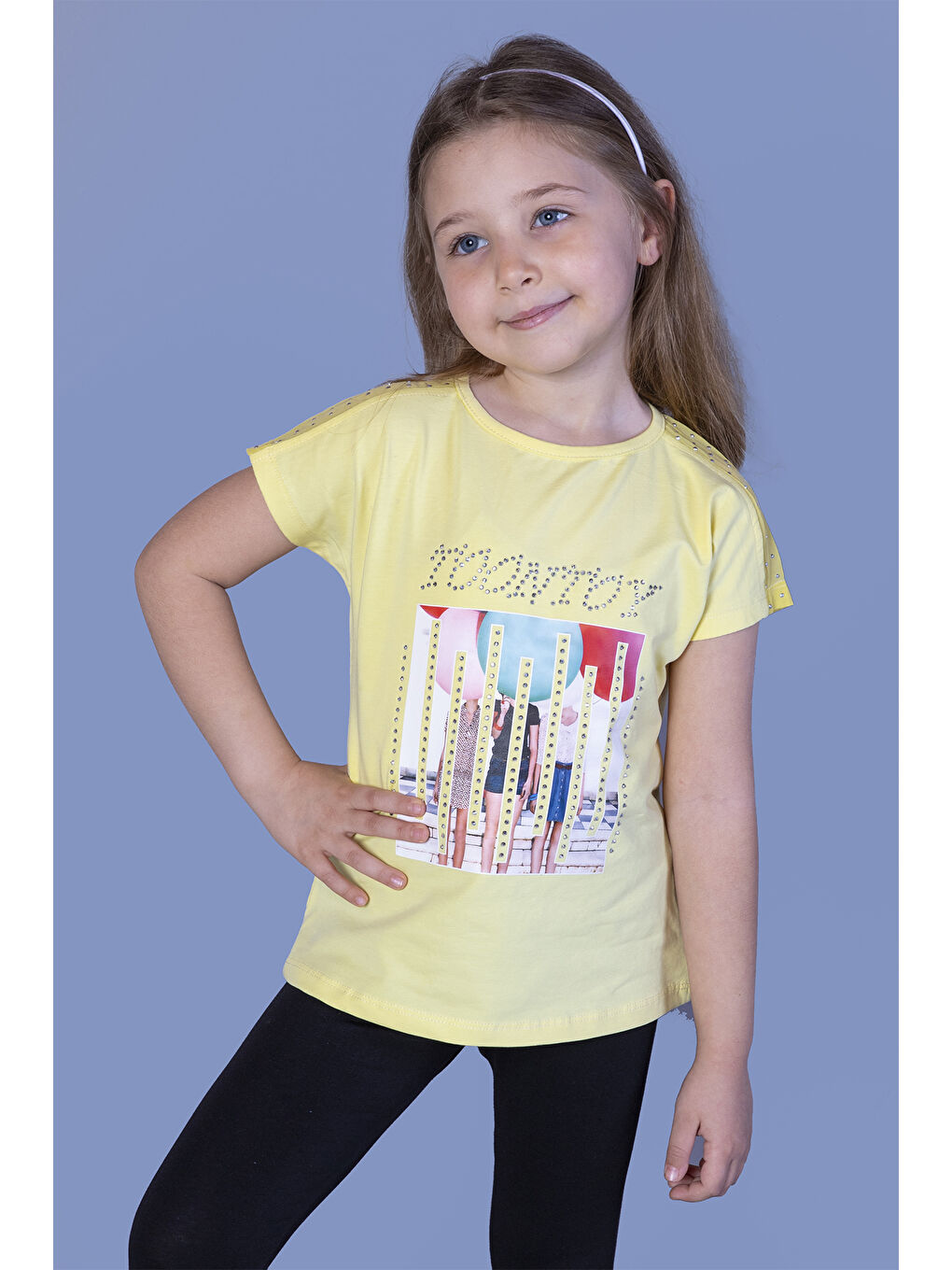Sarı Kız Çocuk Dijital Baskılı Taş İşlemeli Tişört